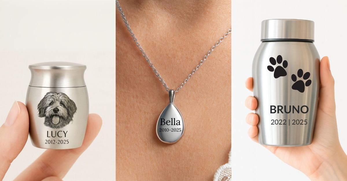 Tre memoriali in argento per animali: mini urna di Lucy, ciondolo per ceneri di Bella e urna di Bruno con impronte di zampa e date incise.